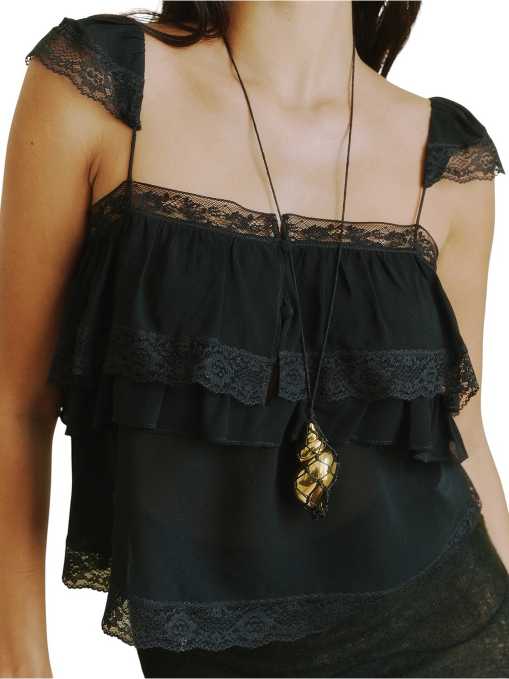Few Moda Sorella Kalithea Top Black Lace Ruffle Spaghetti Strap NWT